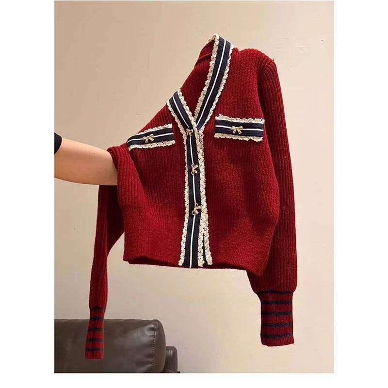 Autumn Winter Preppy Style Patchwork V-neck Long Sleeve Knitting Cardigan Femme Fashionable Buttons Thick Sweater Coat Women Z260313