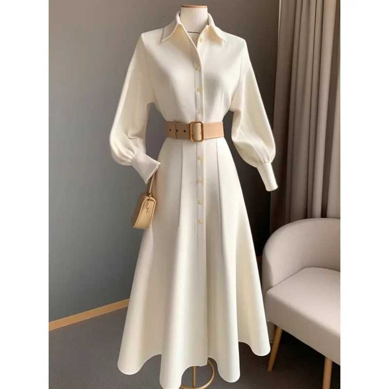 Fashionable Commuting White Dress Korean Style Fall/Winter New Waist-Fitted Slimming Shirt A- Line Skirt Clean ChicT260314