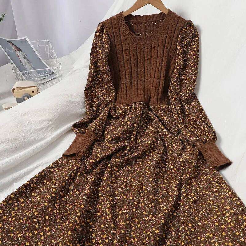 2025 Autumn Winter New Korean Patchwork Bandage Long Sleeved Knitted Dress Women's Fashion Slim Sweet Corduroy Flower Dresses Z260314