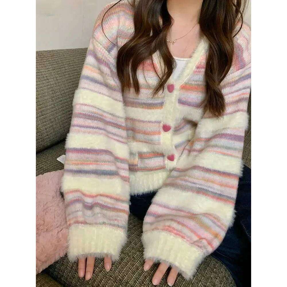 2026 Harajuku Y2k Kardigany Rainbow Striped Cardigan Women Kawaii Heart Button Japanese Soft Sweet Knitted Sweater Chic New Coat Z260313