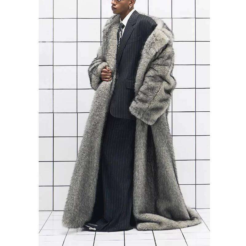 New men's fox fur lapels, long trendy overcoat, winter windproof and warm trench coat, large size Z260313