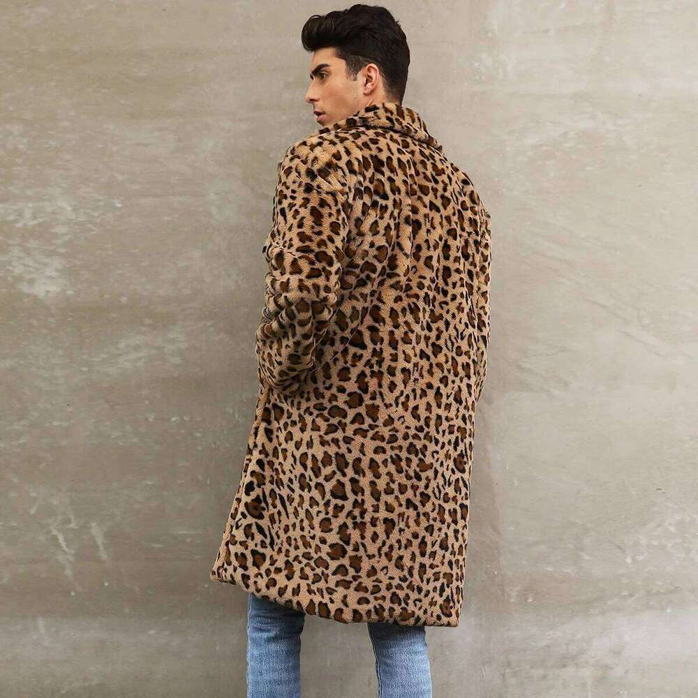 European American New Fashion Men's Leopard Casual Trendy Simple Basic Loose Turn-down Collar Long Sleeve Faux Fur Coats Tops Z260313