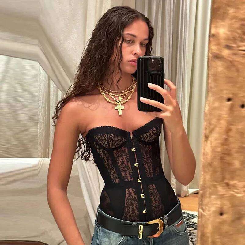 NOW Spicy Girl Sexy Tight Corset Lace Hollow Sleeveless Strapless Top Summer Fashion Women Street Trendy Vest Luanyun luanyun
