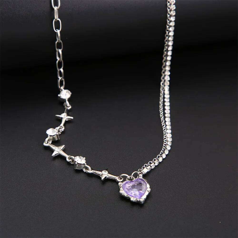 SUMENG 2024 Purple Pink Black Crystal Heart Pendant Necklace Sweet Cool Girl Punk Clavicle Chain For Women Fashion Jewelry Gifts H260312