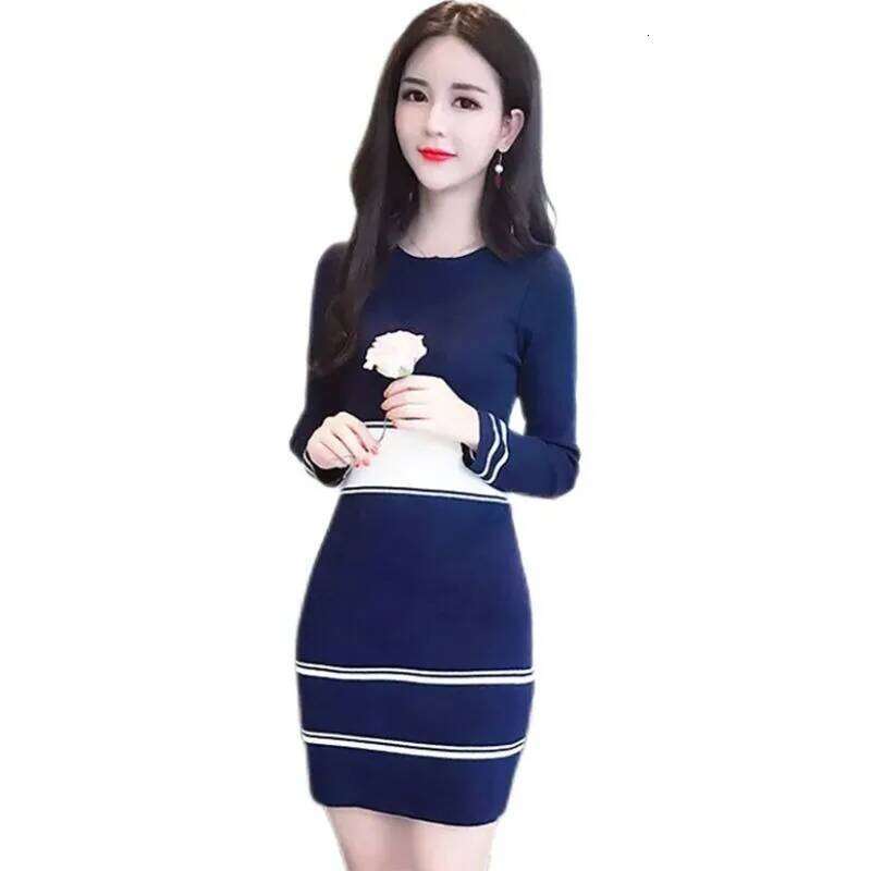 Autumn and Winter Mid-length Knitted Dress Slim Waist Striped Hip-hugging Pullover Sweater Bottoming Skirt for Women Z260314