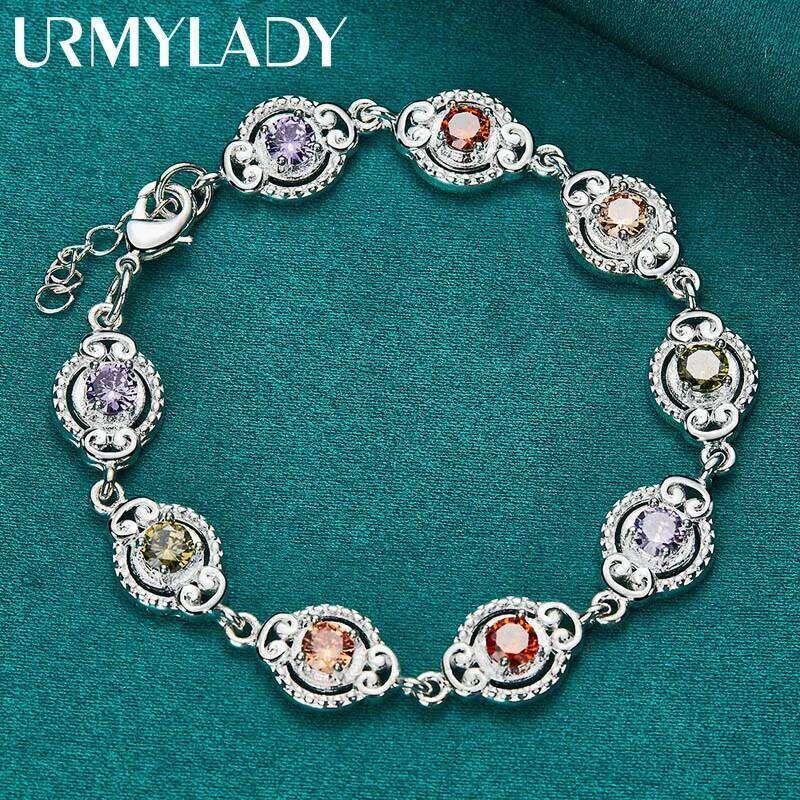 URMYLADY 925 Sterling Silver Charm Purple Orange Red Green Zircon Chain Bracelet For Women Wedding Engagement Fashion Jewelry Z260313