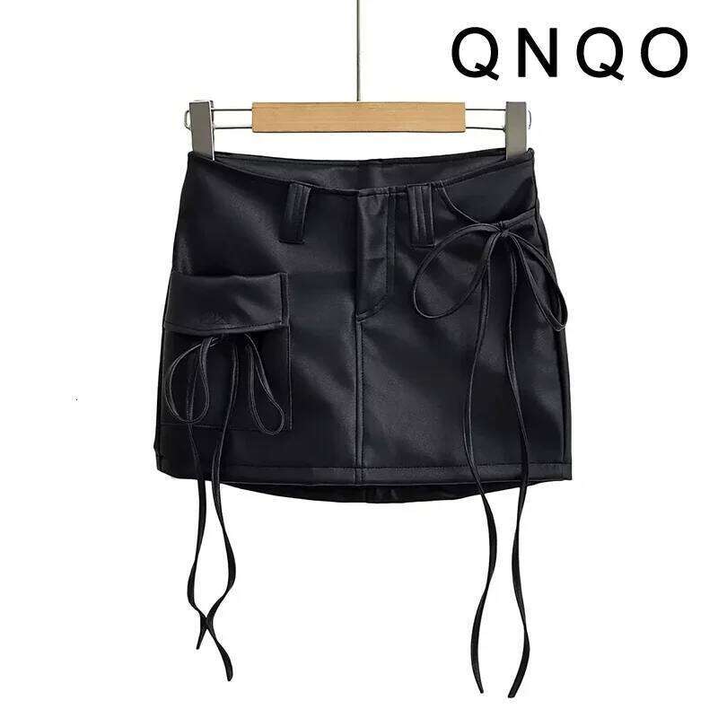QNQO Skirts for Women Y2k Fashion Lace Up PU Leather Black 2025 New Korean Style Slim Pocket Hip Wrap Women's Mini Skirt Z260314