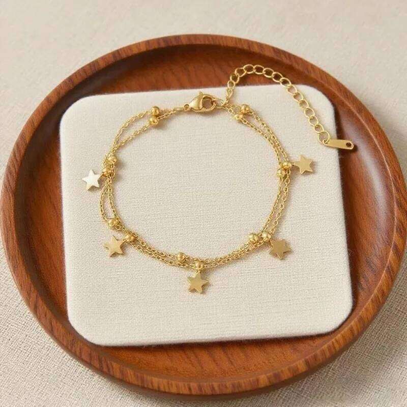 Charm Gold Color Stainless Steel Double-layer Five-pointed Star Round Bead Pendant Bracelet Anklets for Woman Jewelry Accessory Z260313