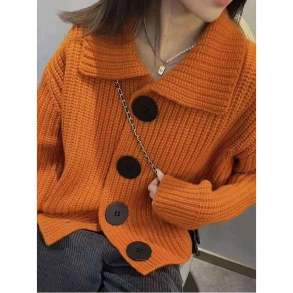 European and American autumn/winter women's cardigan V-neck long sleeved loose fashion lapel large button knit sweater Z260314