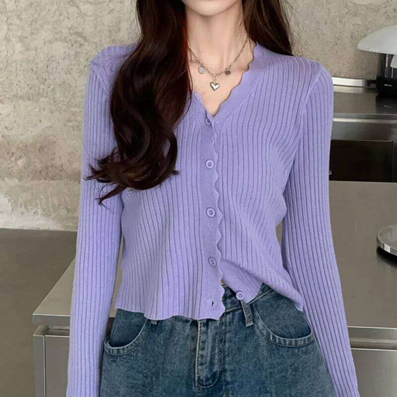 Women's Rib Knitted Crew Neck Cropped Cardigan Pastel Pink Purple Long Sleeve Fitted Short Sweater Jacket Fall Winter Y2K Outfit Z260313