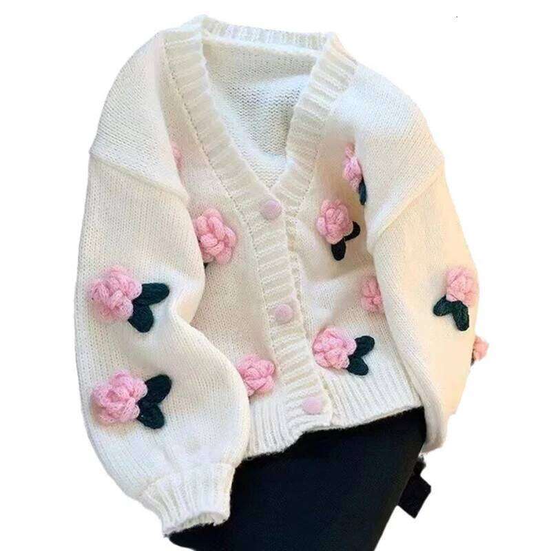 New 3D Flower Women Sweet Cute Korean All-Match V-Neck Sweater Coat Autumn Winter Gentle Style Knitted Cardigan Z260313