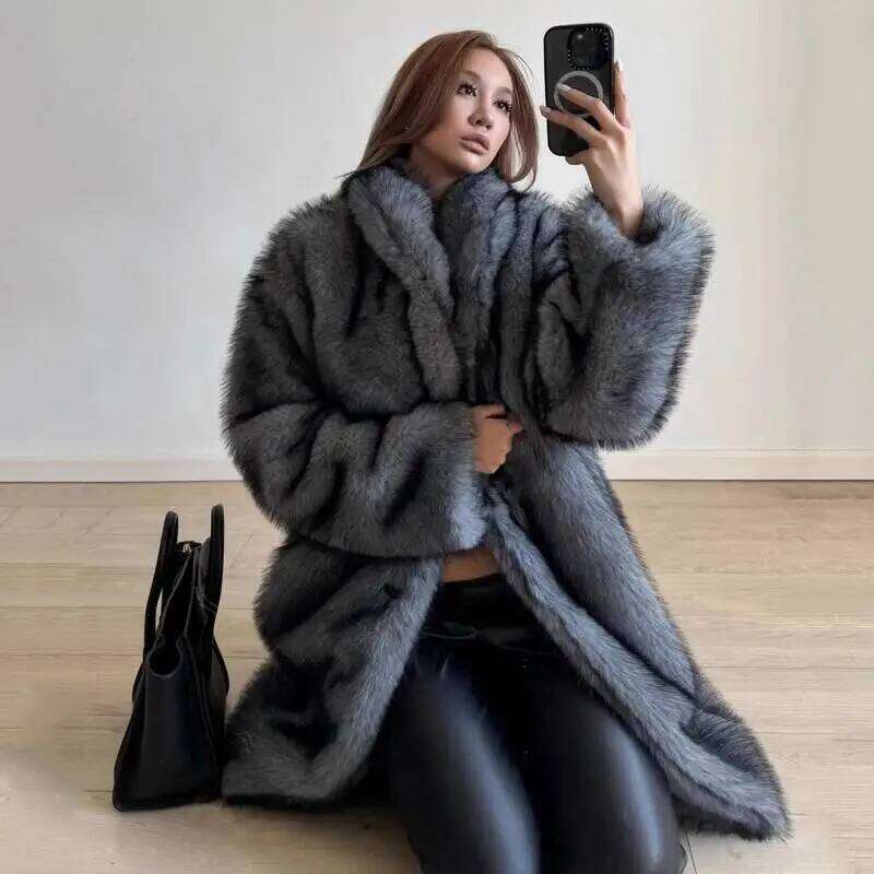 LANMREM High Qualityy Grey Women's Faux Fur Winter Chic New Warm Lapel Sleeve Big Size Cardigan Thick Long Coat DB3882 Z260313