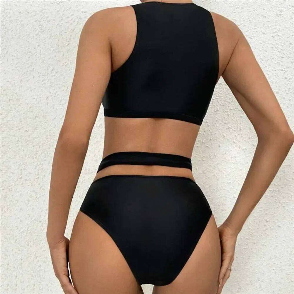 Black High Waisted Bikini Set Cross Bandage 2025 Sexy Swimsuit Women Mesh Patchwork Swimwear Hollow Out Bathing Suit Bikinis Y260303