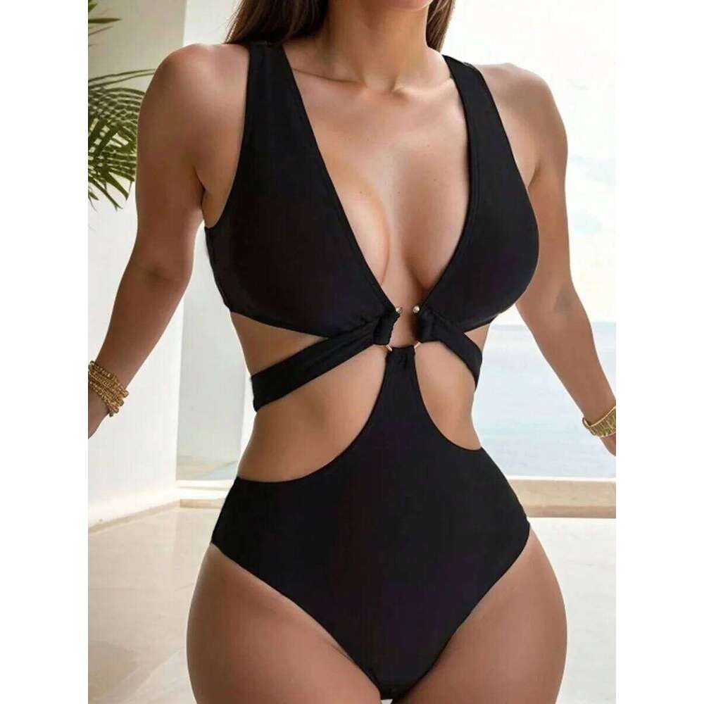 S - XL V Neck High Cut Out One Piece Swimsuit Women Swimwear Female Bather Monokini Cross Bandage Bathing Suit Swim Beachwear Y260303