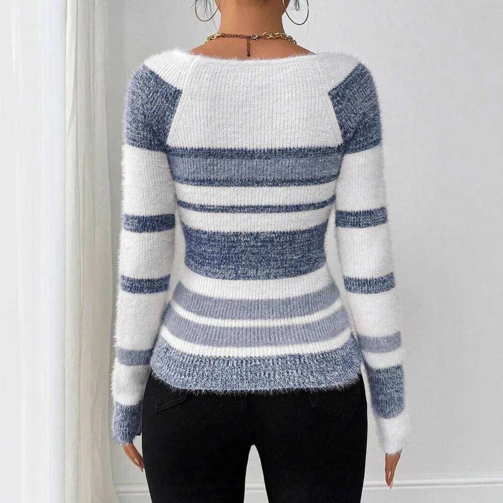 Sweater Pullover Women Knitted Top Stripe Print Square Collar Knitwear Autumn Winter 2025 Streetwear Vintage Knitting Jumpers Z260313
