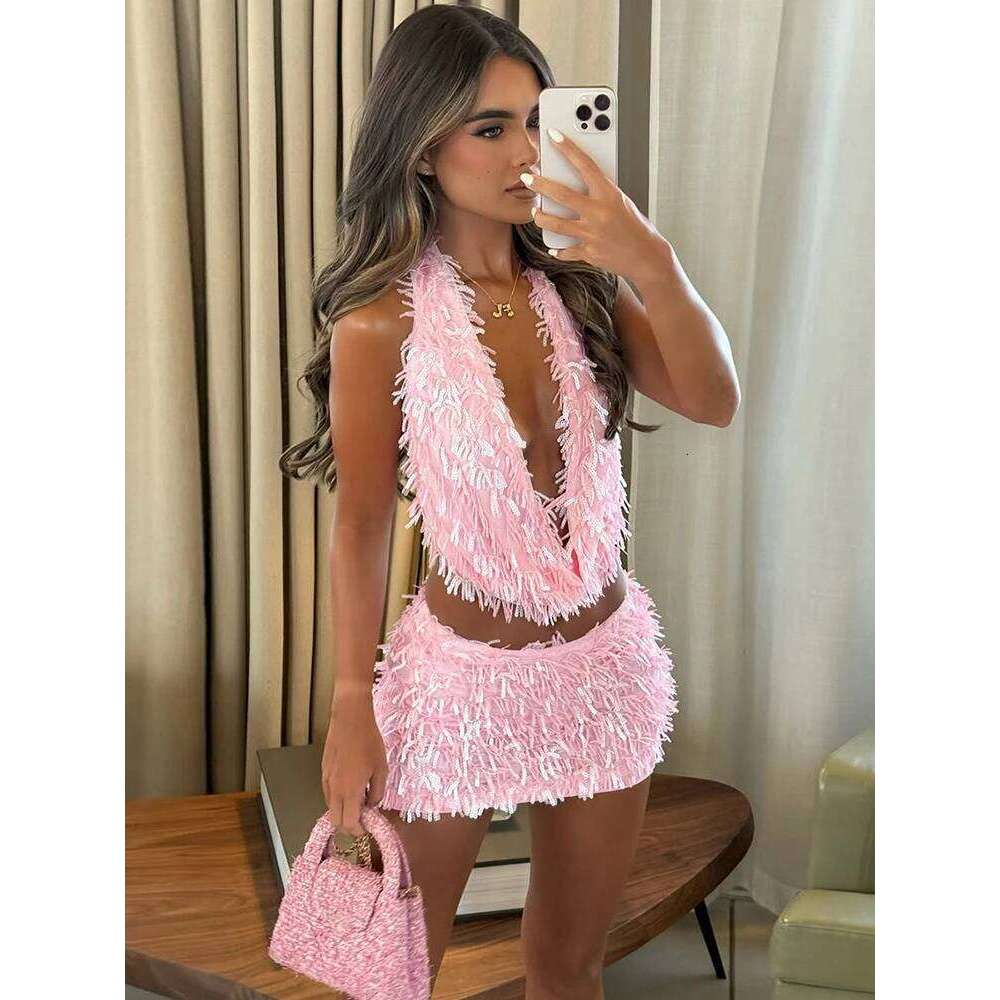 Weird Puss Sequin Tassels Piece Set Women Sexy Swing Collar Tank Tops Peach Hip Skits Midnight Summer Birthday Party Clubwear Luanyun luanyun