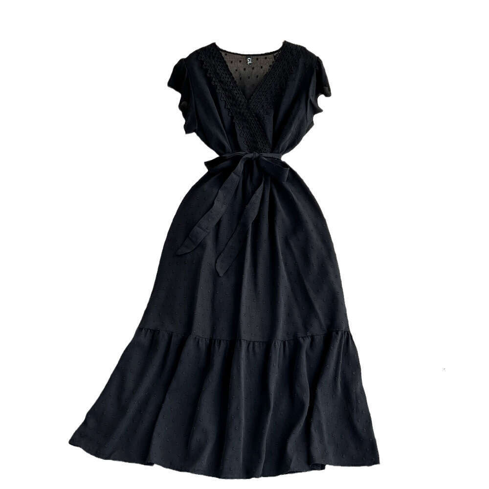 Fashionable women's bubble sleeve V-neck waist cinching tie waist A-line pleated chiffon dress A13 elegant long style