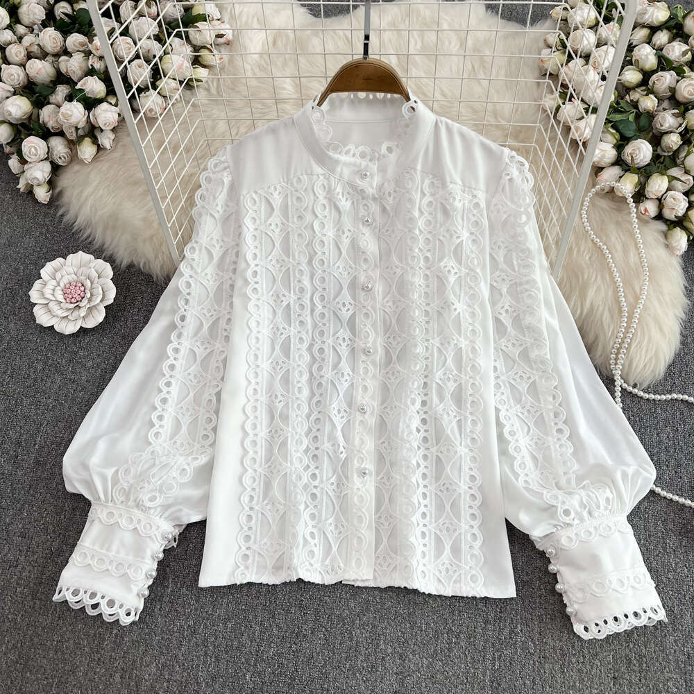 2026 Spring and Autumn Korean Style Elegant Stand up Collar Lace Crochet Hollow Loose Women's Long Sleeve Shirt