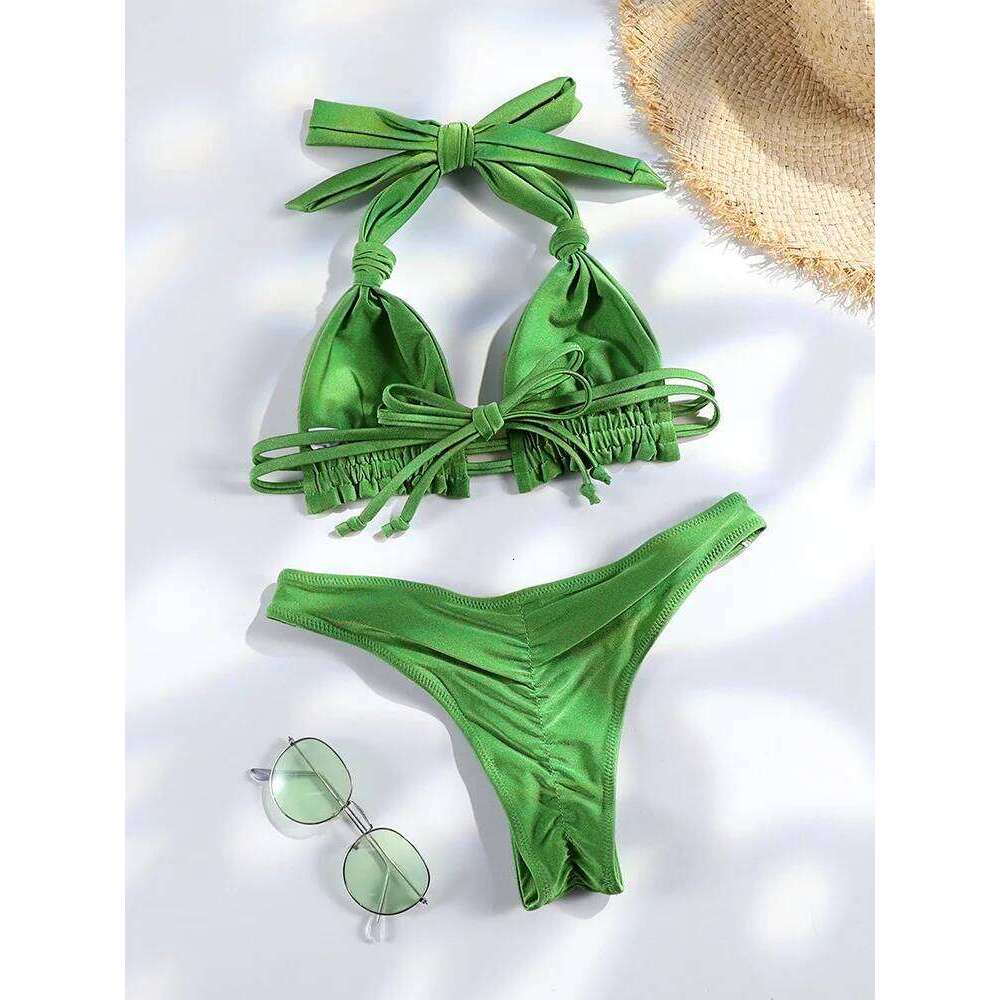 Tiedown Bikini for Women Triangle Swimwear Bathing Suit Brazilian 2-Piece Folds Bikinis Set solid Push Up Swimsuit New 26H0313