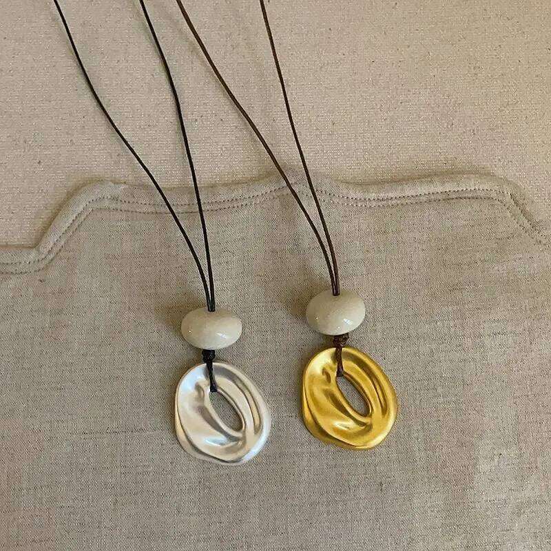 LATS Unique Design Irregular Hollow Matte Color Oval Stone Pendant Necklaces for Women Adjustable Rope Chain Chokers Jewelry H260312