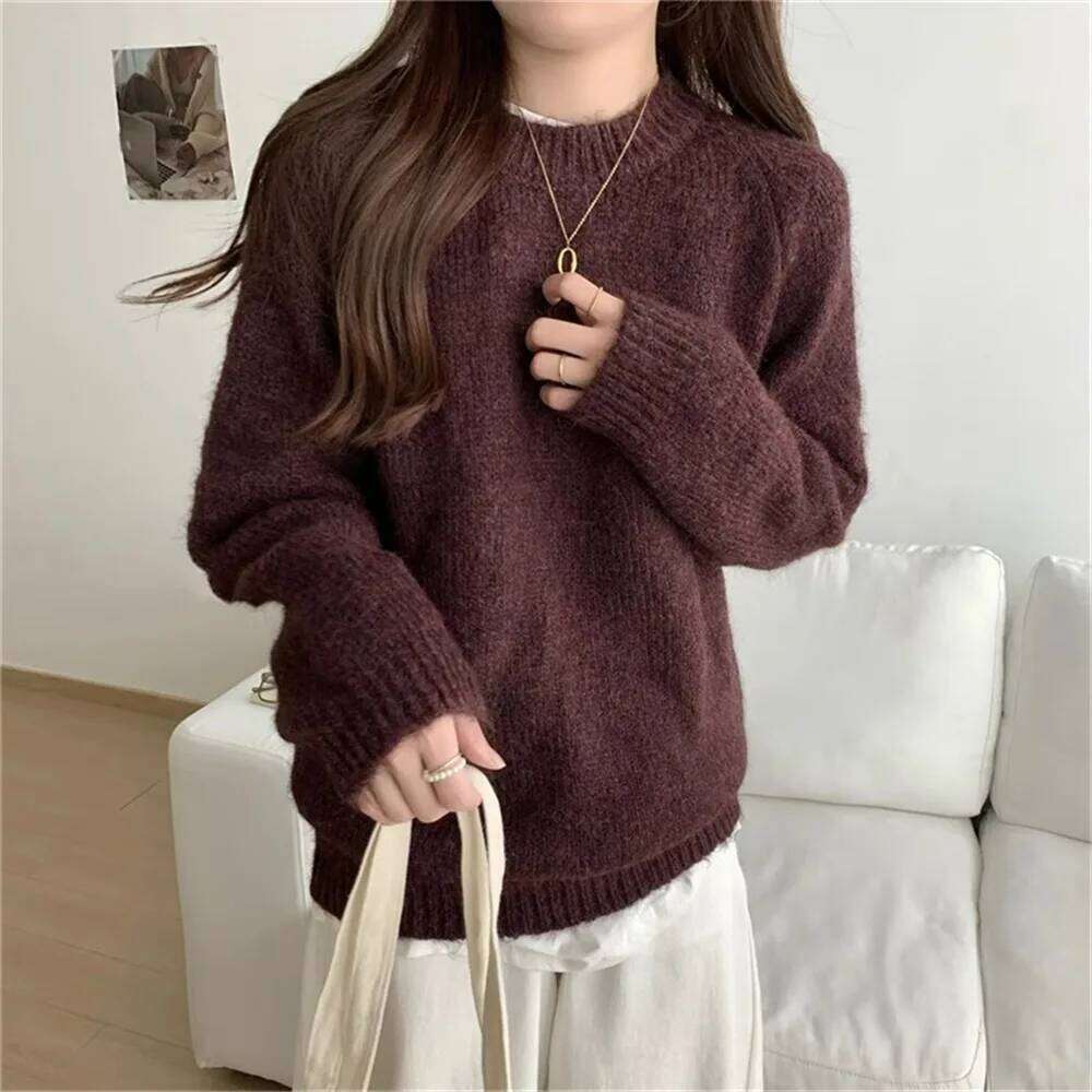 Women Sweater O Neck Jumpers Long Sleeve Knitted Solid Pullovers Lazy Wind Slight Strech Casual Basics Loose Fit Autumn 2025 Z260314
