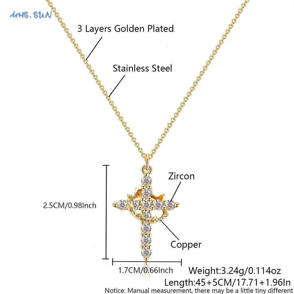 SUNSLL Cubic Zircon Rotatable Crown Cross Pendant Necklaces Classic Stainless Steel Chain Banquet Party Jewelry For Women Men H260312