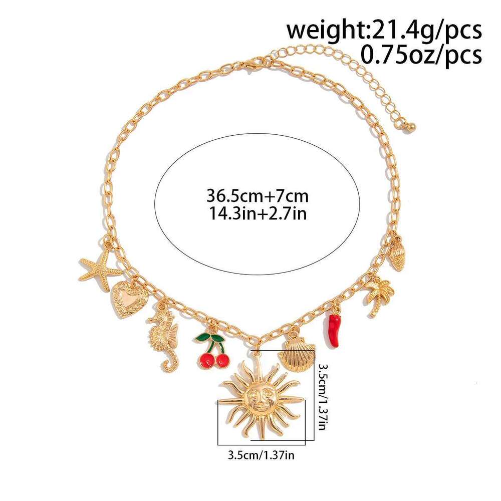 Salircon Sun Starfish Scallop Pendant Necklace for Women Vintage Conch Summer Beach Holidays Gold Color Chain Jewelry Gift H260312