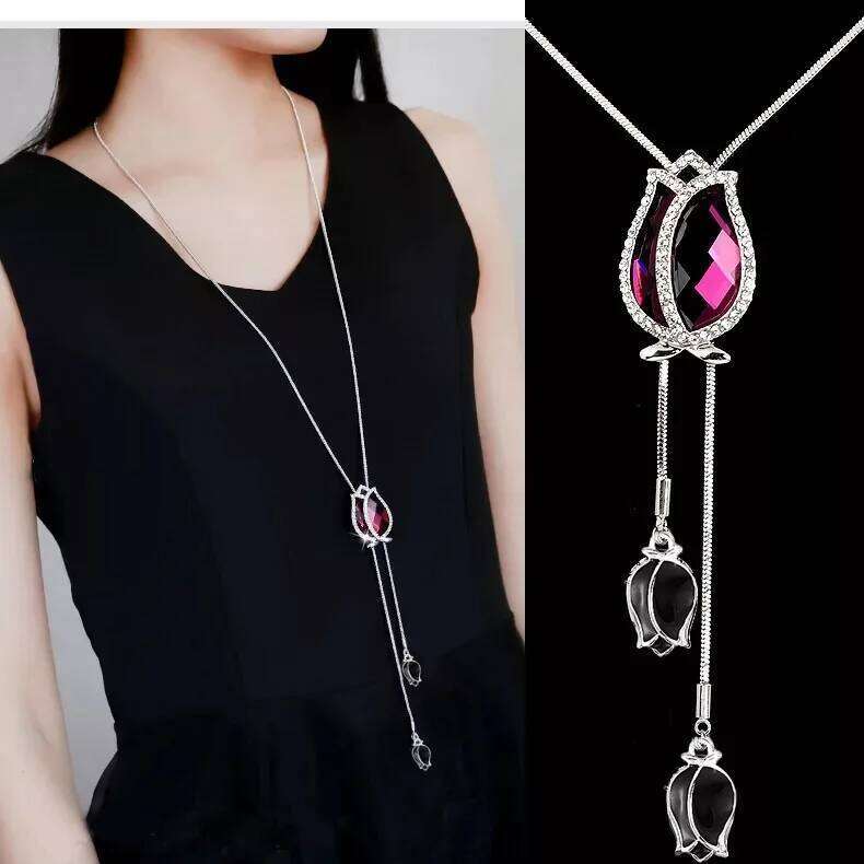 Fashion Unique Hollow Crystal Blue Shampee Tulip Pendant Sweater Silver Color Chain Long Necklace for Women H260312