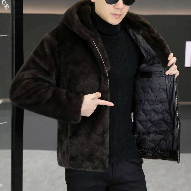 2025 Winter Mink Leather Jacket for Men Thick and Warm Hooded Faux Fur Coat Casual Social Streetwear Windproof Jackets Z260313