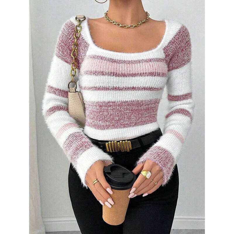 2025 New Autumn Winter Slim Fit Square Neck Women's Striped Faux Mink Soft And Cozy Style Knitted Sweater Z260313