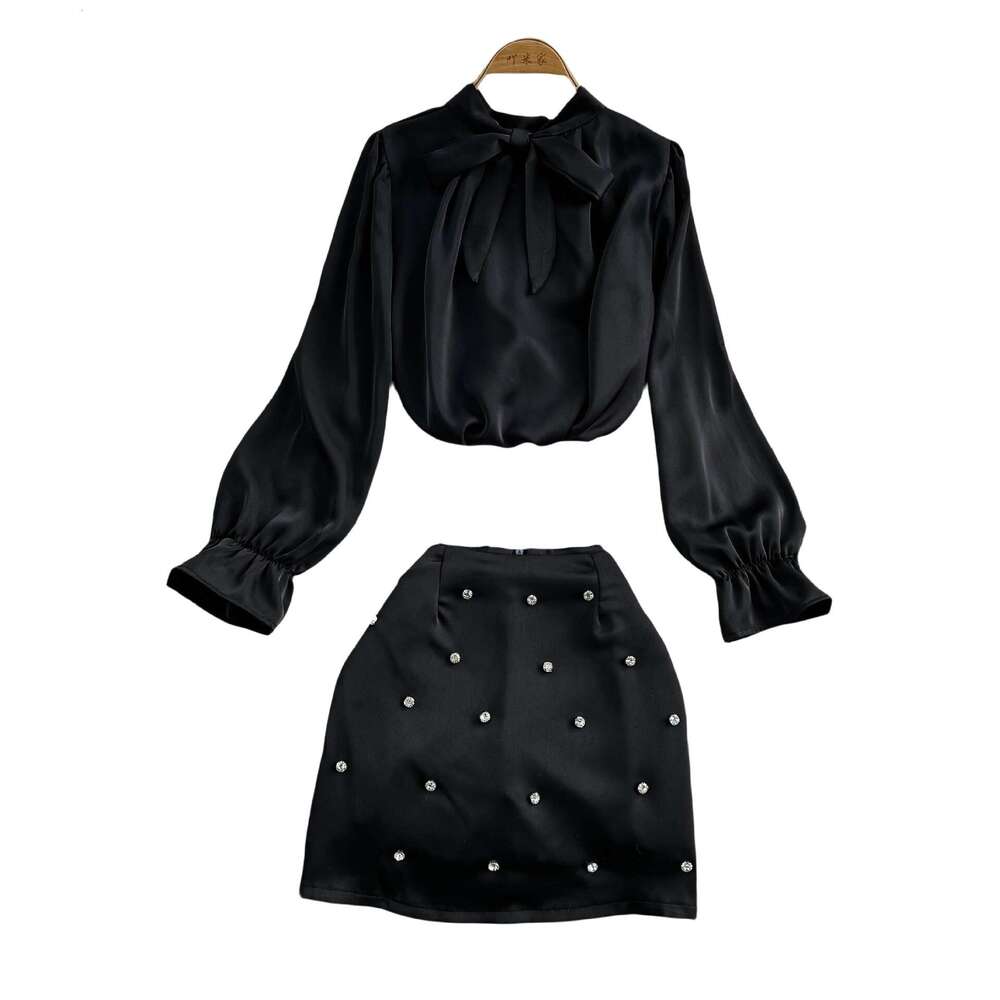 Designer socialite high-end two-piece set for women 2026 new French A13 bow satin shirt Rhinestone skirt