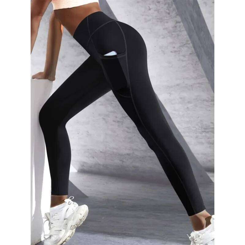 New High Waist Women's Leggings Stretch Yoga Tights With Pockets Push Up Fitness Running Sportswear Solid Color Pants 26Y0313