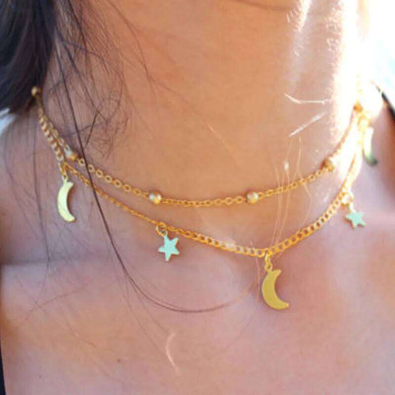 Star & Moon Pendant Clavicle Necklace Double Layers Beads Minimalist Women Fashion Collares Summer Everyday Jewelry Bijoux H260312