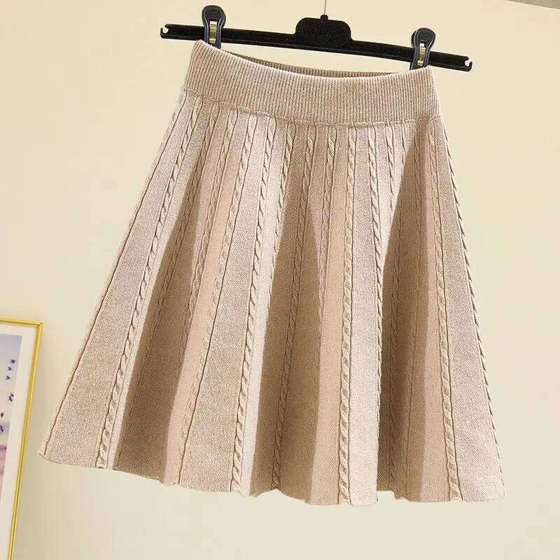 Spring Autumn Knitted Elastic Waist High Irregular 2023 New Screw Thread All-match Pleated Skirts for Women Korean Trend Z260314