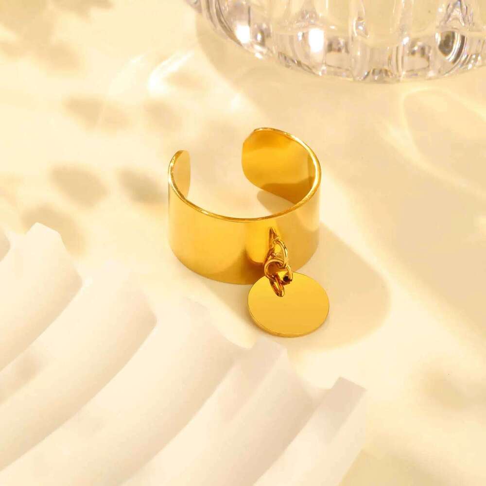 Minimalist Stainless Steel Open Ring with Round Pendant, 18K Gold Plated Charm Wide Ring, High Quality Jewelry for Women H260312
