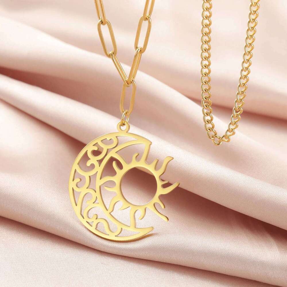 Kkjoy Fashion Stainless Steel Gold Color 35mm*34mm Sun Moon Double Chain Necklace For Women Wedding Party Jewelry Gift Wholesa H260312
