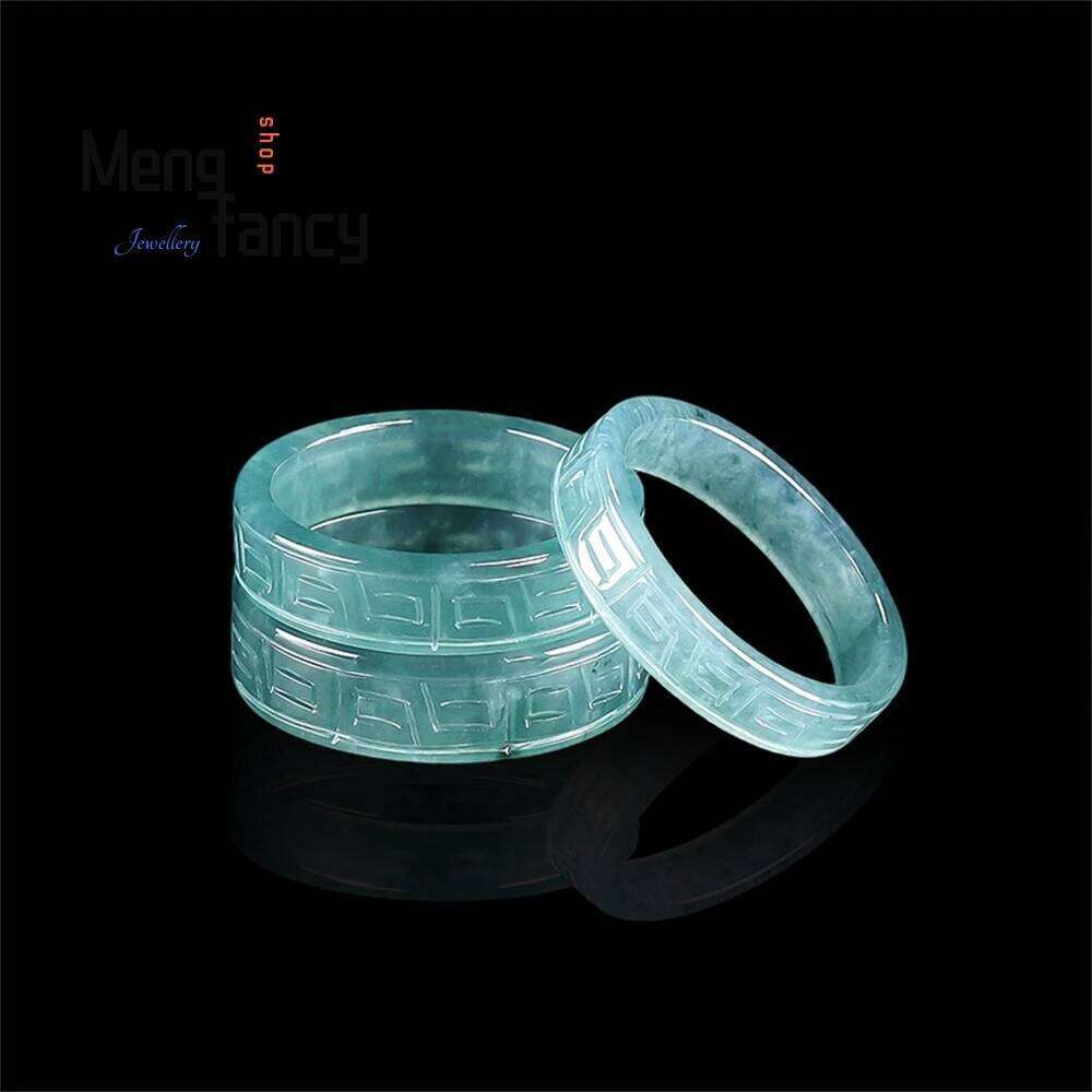 Original Natural A-Grade Jadeite Blue Water Antique Pattern Square Ring, Ice-Type For Men And Women, Personalized Jade Ring H260312