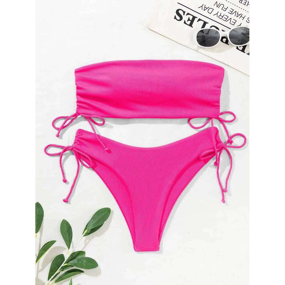 New Sexy Bandeau Bikini Set Bandage Lace Up Women Swimsuit Two-piece Solid Swimwear High Waist Brazilian Beach Bathing Suit Y260303