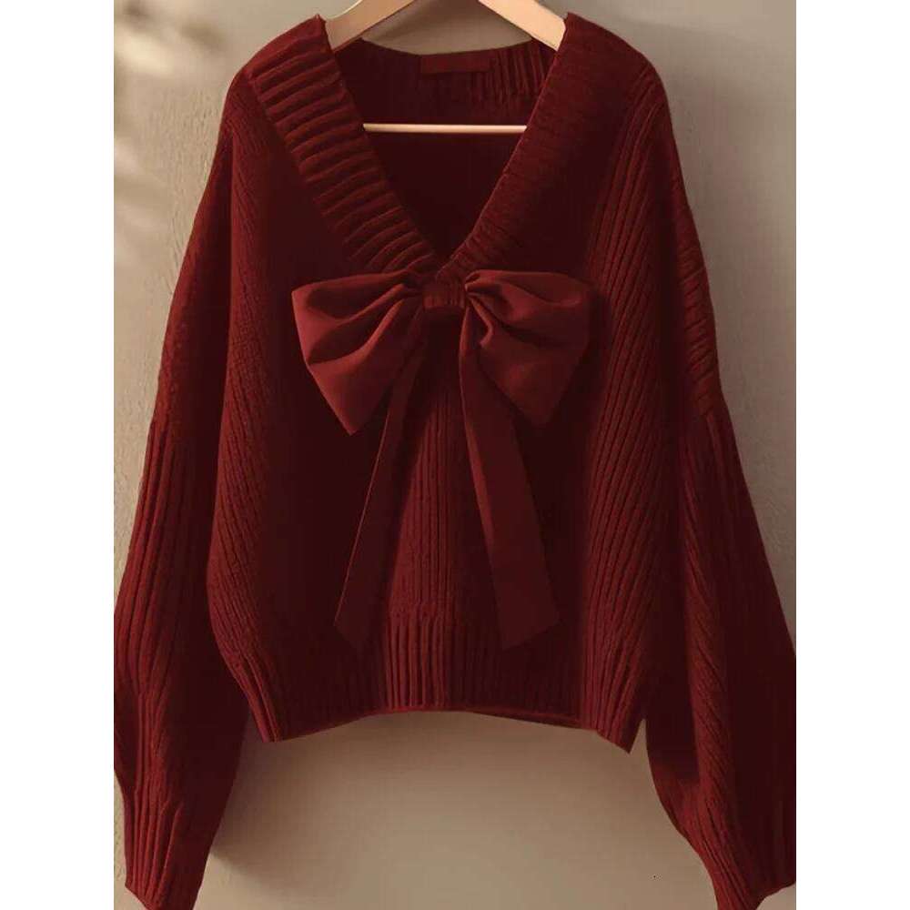 Bow Fashion Korean Knitted Sweater Women's Casual Baggy Long Sleeved V-neck Jumpers Soft Loose Warm Knitwear Pullovers Z260314