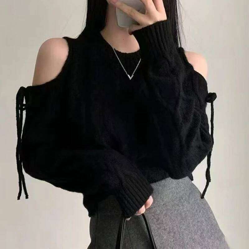 Casual O Neck Long Sleeve Knitted Tops Y2k Off Shoulder Pullover Elegant Solid Sweater Autumn Winter Korean Lace Up Knitwear Z260313