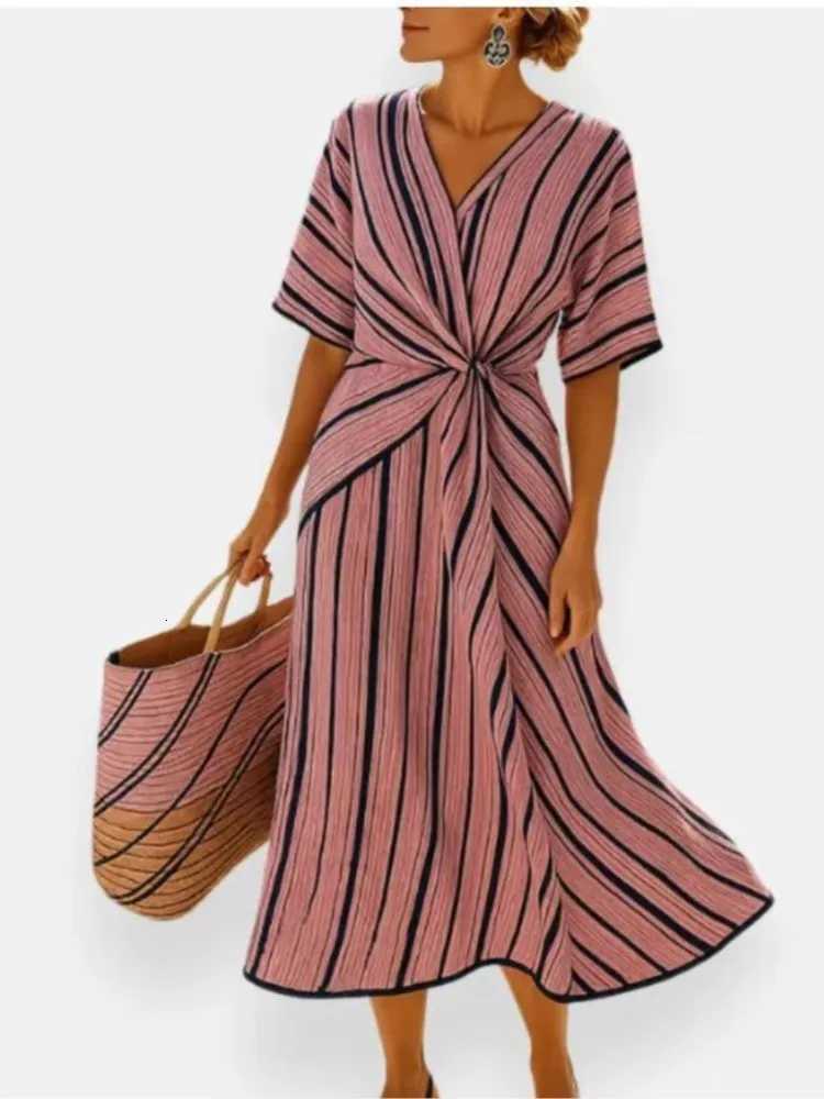 Woman Boho Loose Dress Striped Print Folds Maxi Dresses 2025 Spring Summer Casual V Neck Short Sleeve Vacation Beach Long DressT260314