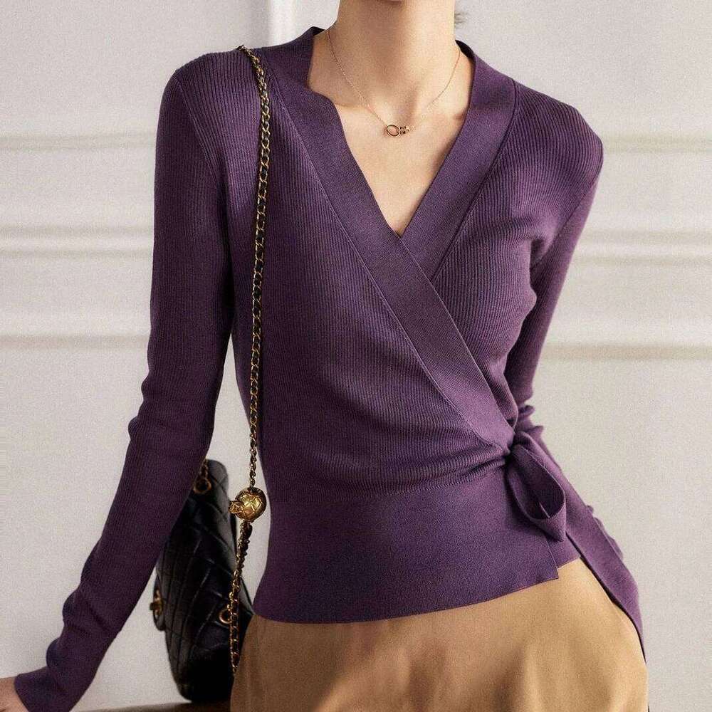 Long Sleeve Women Fashion Bow Tie Waist Short Lady V Neck Wrap Knitted Tops Sweaters Z260313