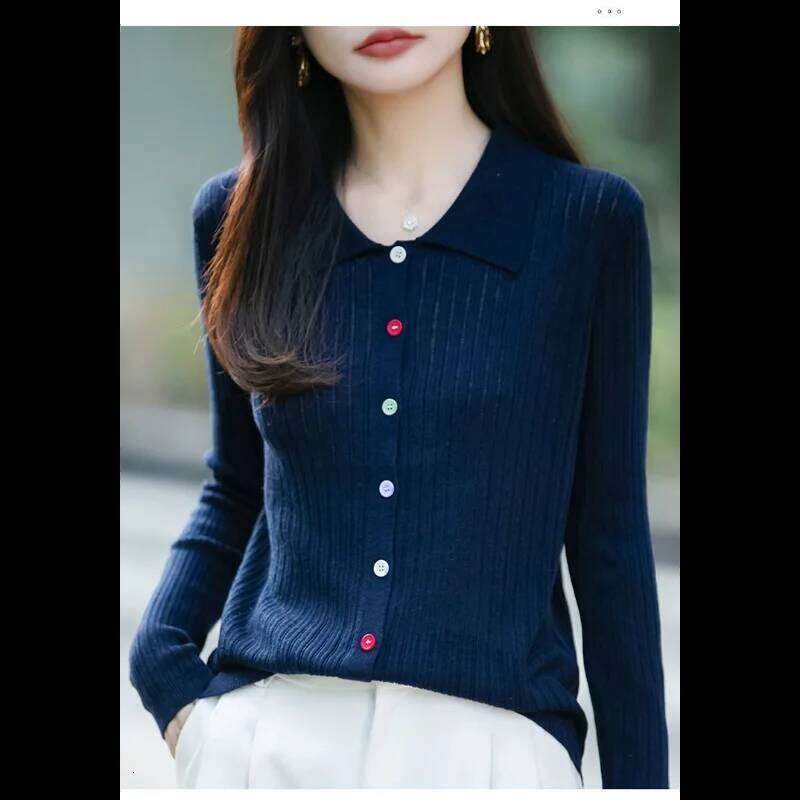 New Autumn Winter Polo Collar Casual Striped Sweater Versatile Long-sleeved Buttoned Cardigan Embroidered Jacket Z260313