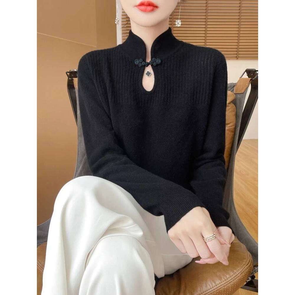 Women Merino Wool Sweater Mandarin Collar Pullover Chinese Style Cashmere Bottoming Knitwear Retro Long Sleeve Clothing Tops Z260313