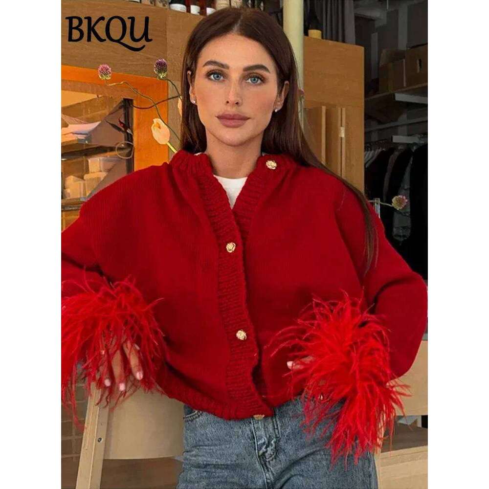 Knitted round neck sweater short splicing feather red Fried Dough Twists lazy long sleeve top cardigan Z260313