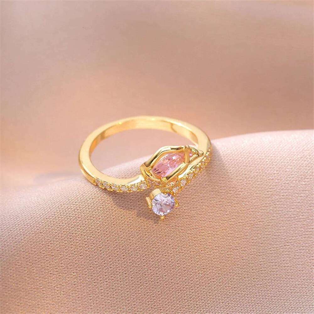 Luxury Fashion Pink Zircon Tulip Flower Rings For Women Temperament Sparkling Floral Opening Finger Ring Elegant Wedding Jewelry H260312
