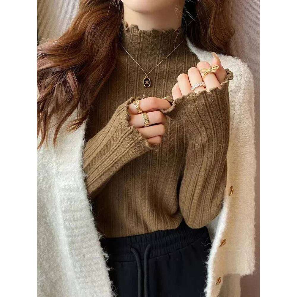 Autumn Women's Knitted Pullover Sweater Sweet Solid Ruffles Half High Neck Long Sleeved Shirt Casual Slim Fit Knitwear Z260314