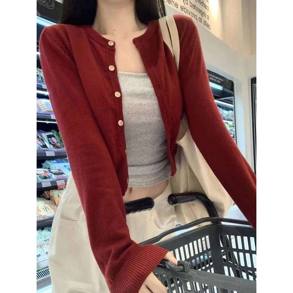 Fashion Long Sleeve O-neck Knitted Cardigan Sweater Autumn Women Elegant Slim Fit Solid Color Top Thin Casual Simple Short Coat Z260313