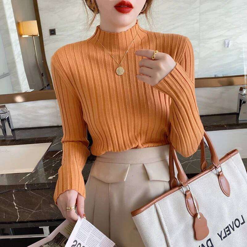 Sweaters Sueters De Mujer White Knitted Pullovers New Long Sleeve Mock Neck Knit Sweater Pullover Women Tops Q1768 Z260314