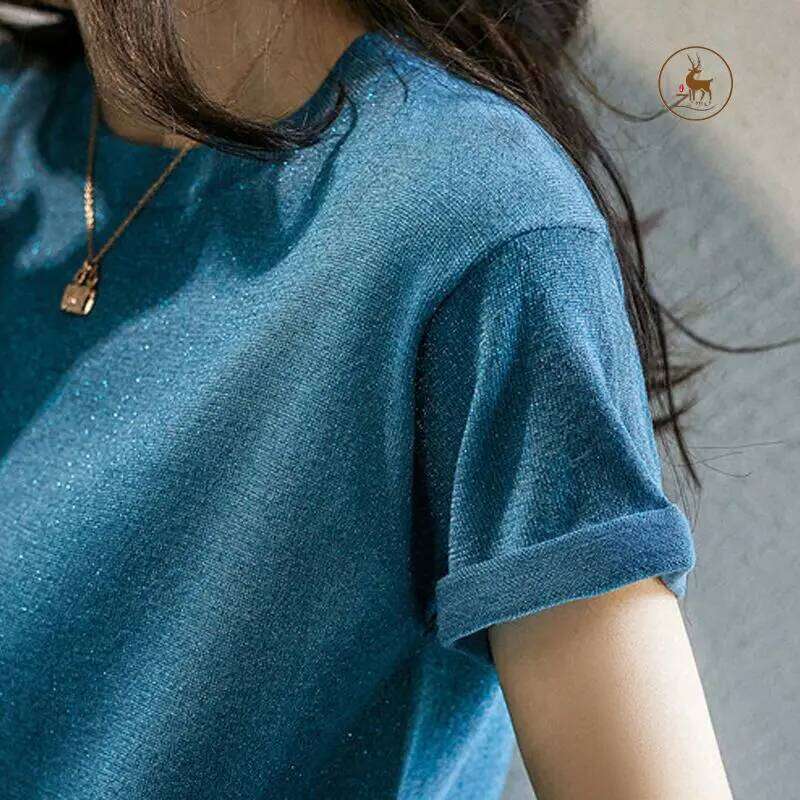 Bright Knitted Women Ice Silk Short-sleeved Thin Fashionable and Versatile Loose Top Temperament Pullover Z260313